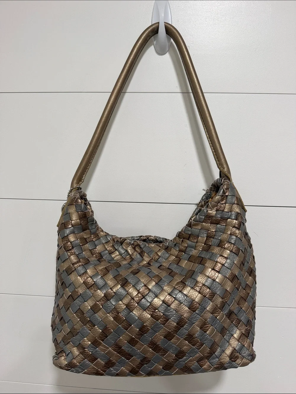 Fossil Woven Handbag Bronze Silver Gold Hobo Bag Purse Skeleton Key Charm